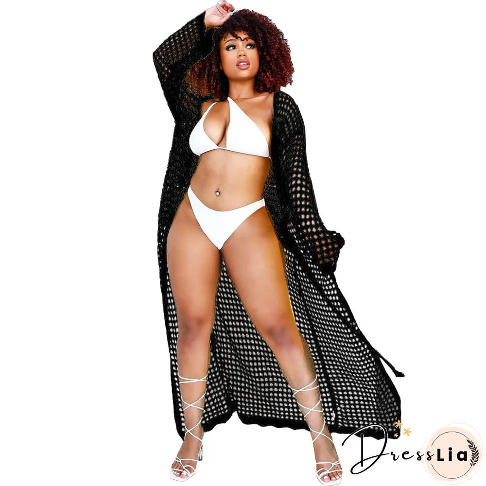 Beachwear Long Sleeve Mesh Grid Cardigan Cover-ups