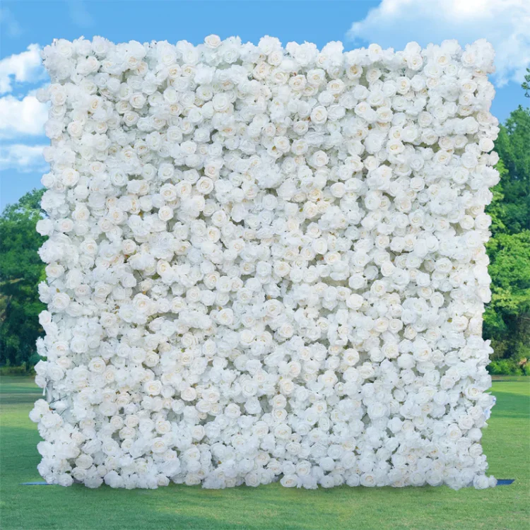 5D White Rose Roll Up Curtain Cloth Flower Wall Wedding Backdrop Decor