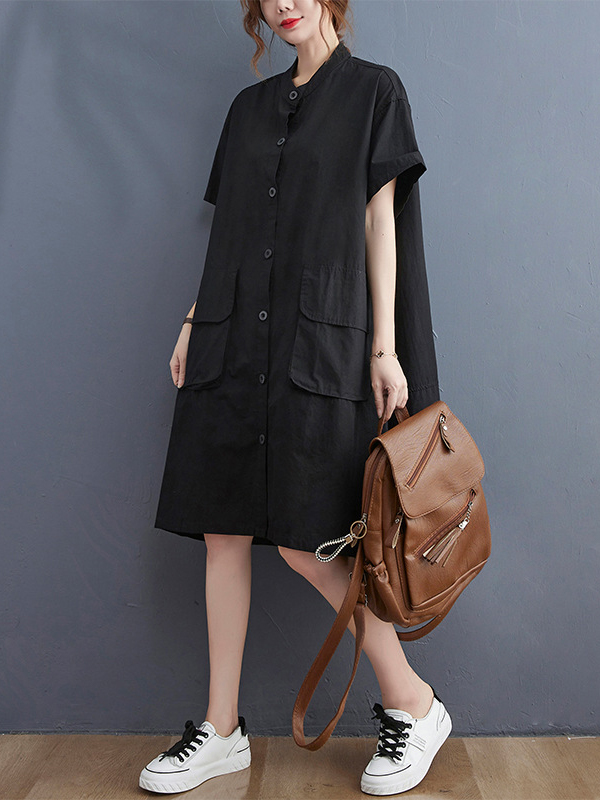 Stand Up Collar Short Sleeve Soild Color Loose Midi Dress