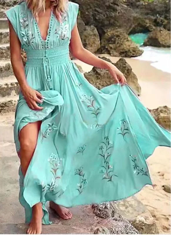 Women's V-neck French Beach Bohemian Print Dress | 168DEAL