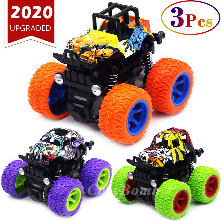 CozyBomB Friction Powered Monster Trucks Toys for Boys - Push and Go Car Vehicles Truck Playset, Inertia Vehicle, Kids Birthday Christmas Party Supplies Gift 3 Years Old (Purple, Orange, Green)-Mayoulove
