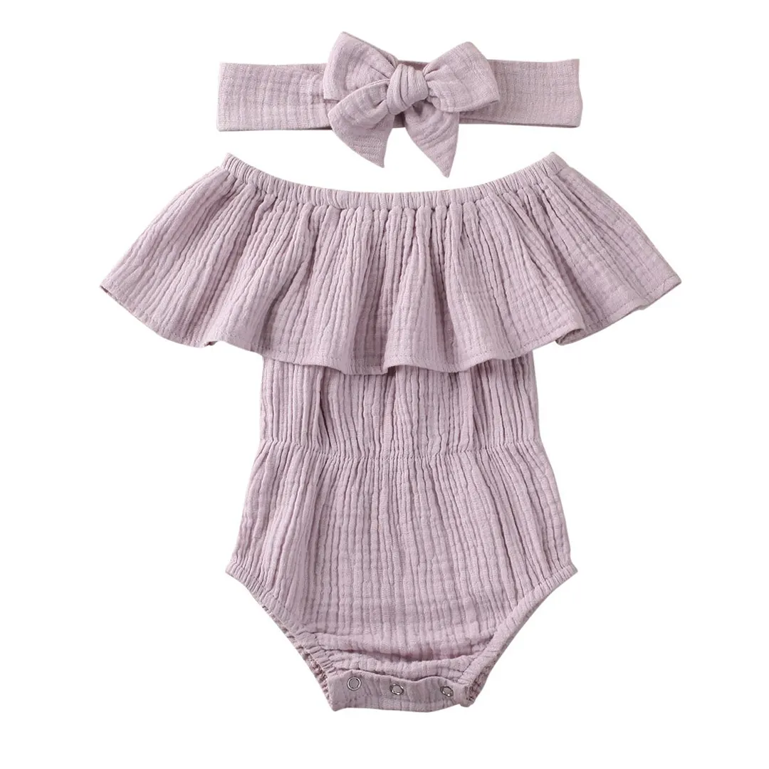 2020 Baby Summer Clothing Newborn Baby Girl Ruffles Sleeve Jumpsuit Classic Solid Color Off-shoulder Triangle Jumpsuit Headband