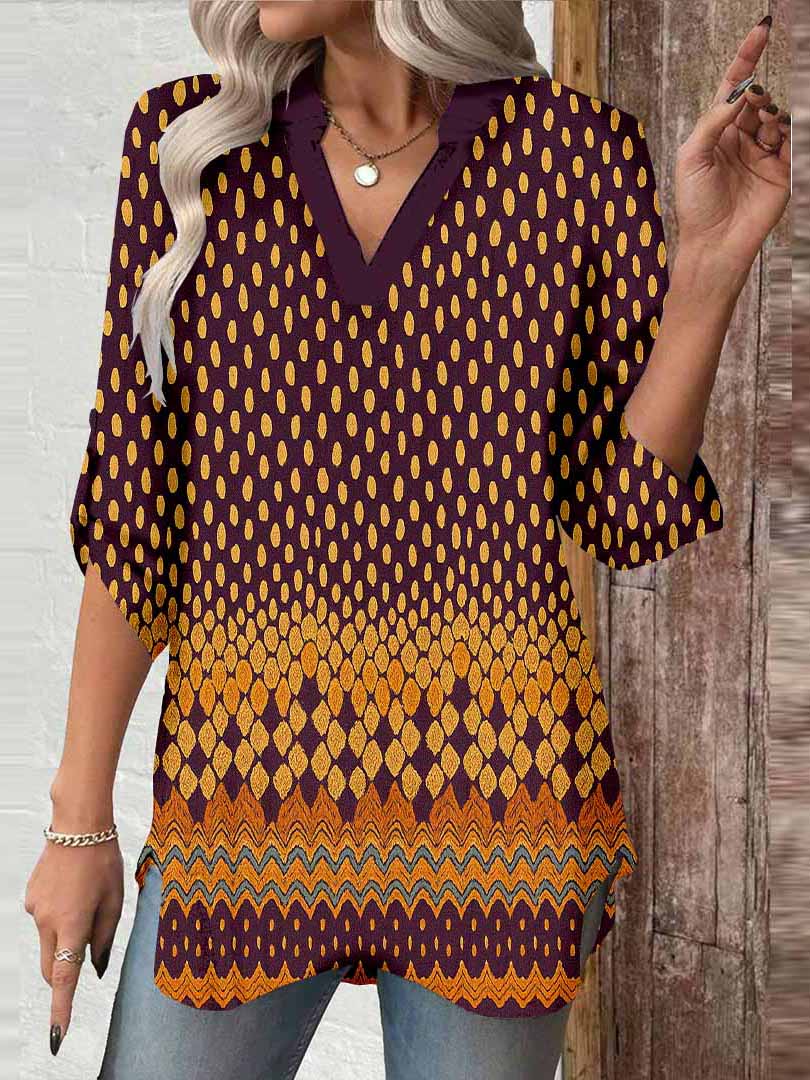 Women Polka-Dot,Red,Black DZGA0315 3/4 Sleeve V-neck Printed Graphic Button Tops