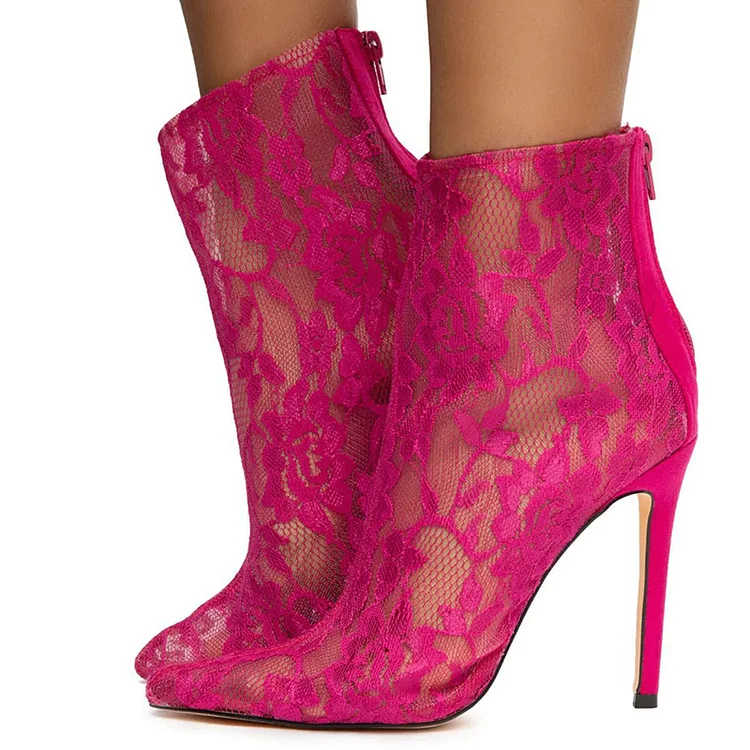 Pink Hollow Out Lace Shoes Pointed Toe Stiletto Heels Ankle Boots |FSJ Shoes