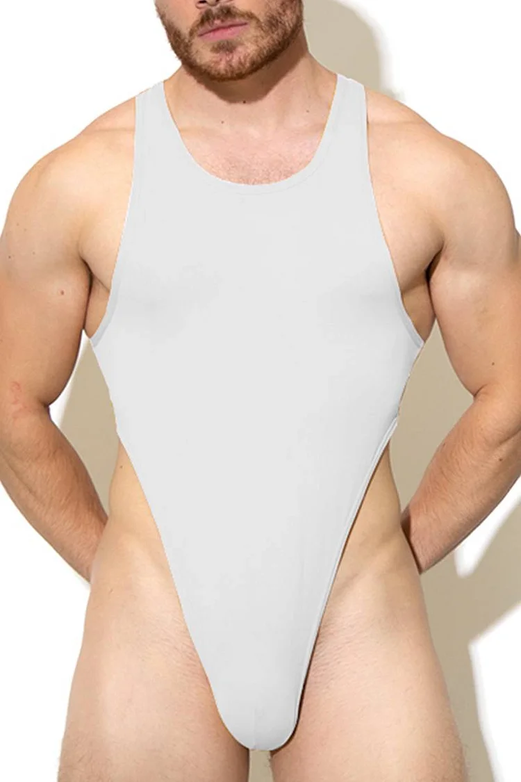 Men's Solid Color Casual Ivory Thong Bodysuit