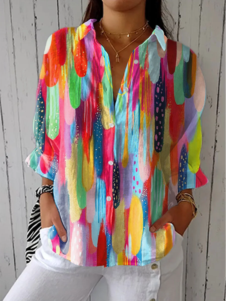 Women's Retro Colorful Abstract Color Block Art Print Casual Cotton Linen V-neck Shirt