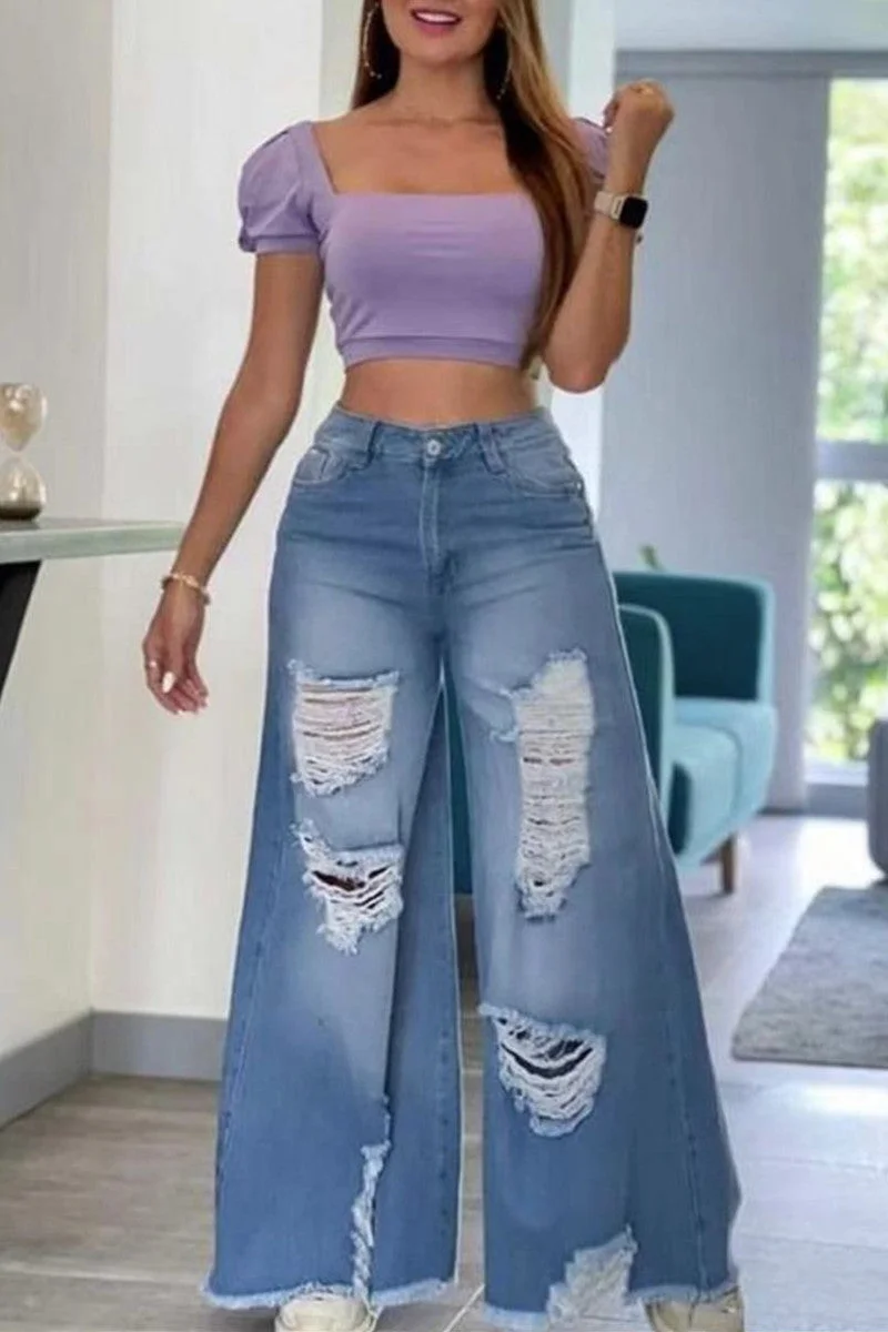 Fashion Casual Solid Ripped High Waist Regular Denim Jeans