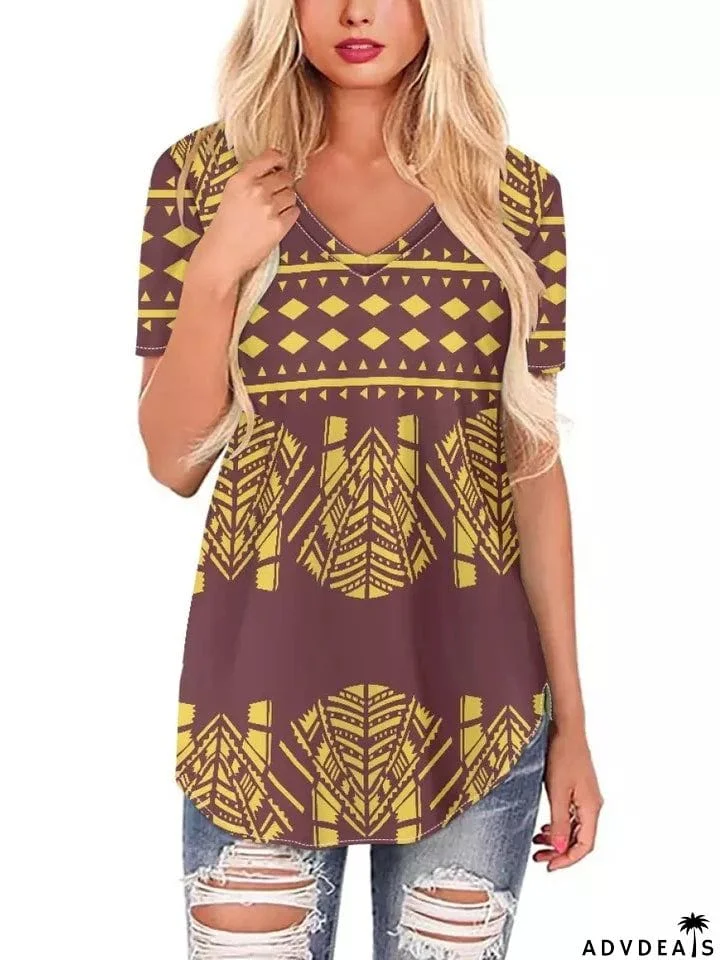 Women's Leisure Summer Printed V Neck Short Sleeve T-shirt