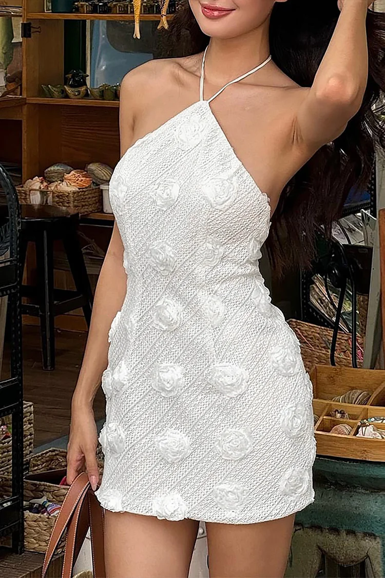 3D Flower Decor Halter Neck Bodycon Knit Mini Dresses-White