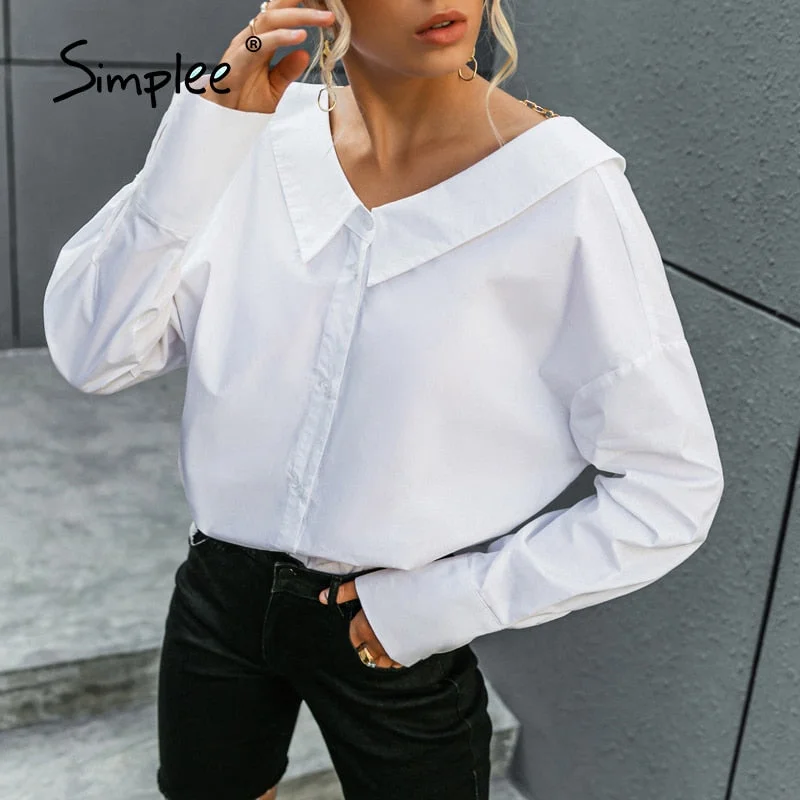 Simplee V neck white Backless chain women blouse shirts Long sleeve botton turn down collar tops Elegant spring blouse ladies