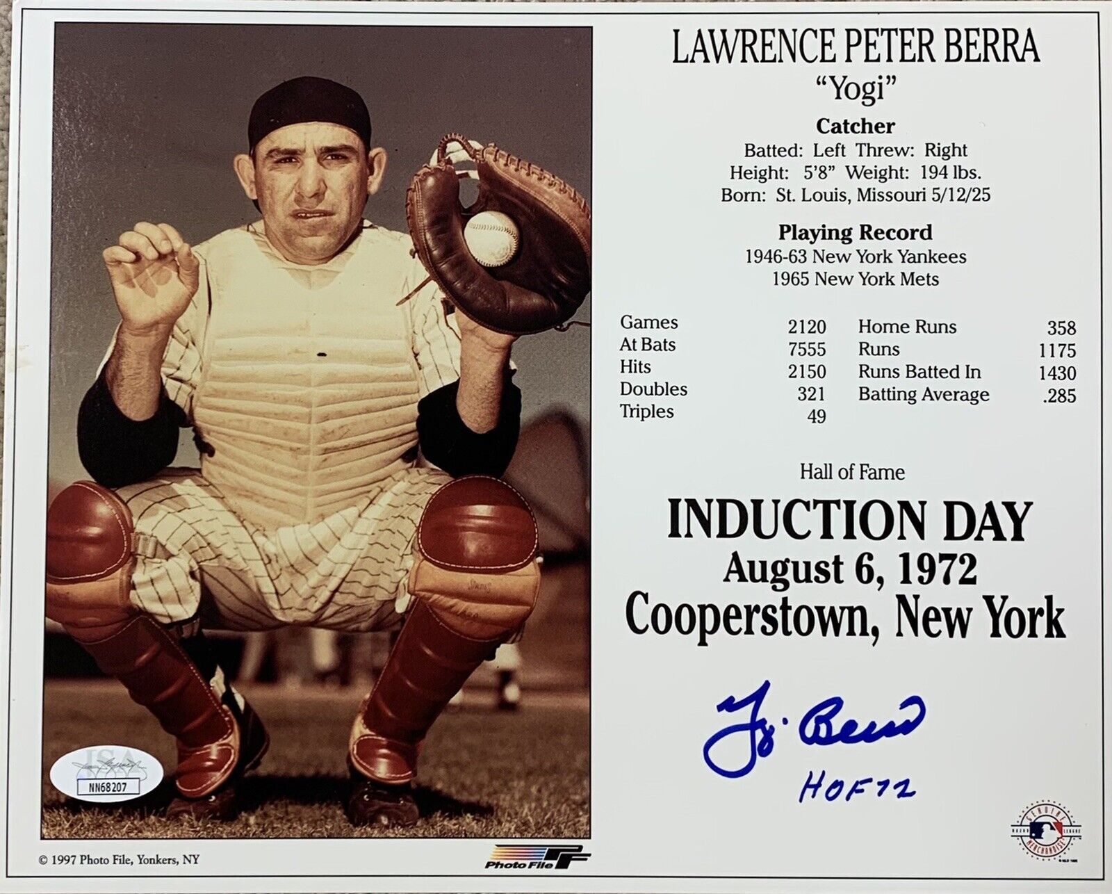 Yogi Berra “HOF 72” New York Yankees Autographed 8x10 HOF Induction Card JSA