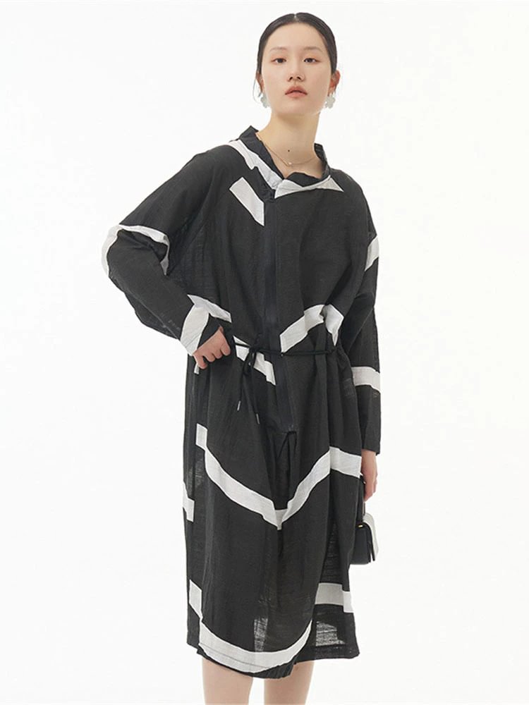 Casual Loose Asymmetrical Half Stand Collar Zip-up Wavy Striped Long Sleeve Dress        