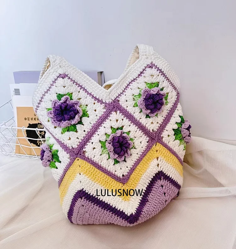 Lulusnow Handmade Purple Rose Granny Square Beach Bag Crochet Tote Bag Shoulder Bag 