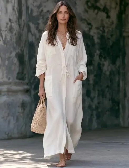 Women's Casual White Cotton-linen Long-sleeved Maxi Dress MD