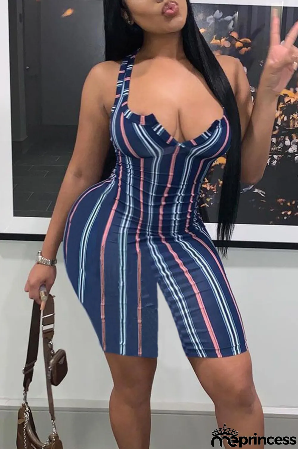 Blue Casual Striped Print Split Joint U Neck Regular Jumpsuits