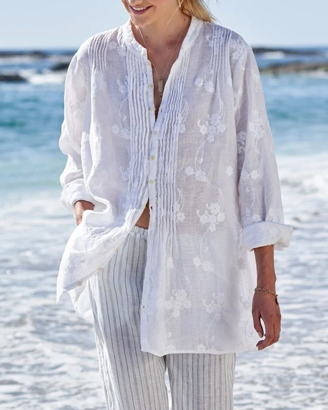 Solid Embroidered Long Sleeve Shirt Top