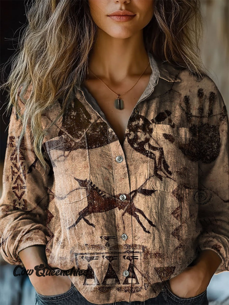 Women’s Vintage Western Horse Art Print Casual Long Sleeve Comfortable Cotton Shirt Multicolor / S