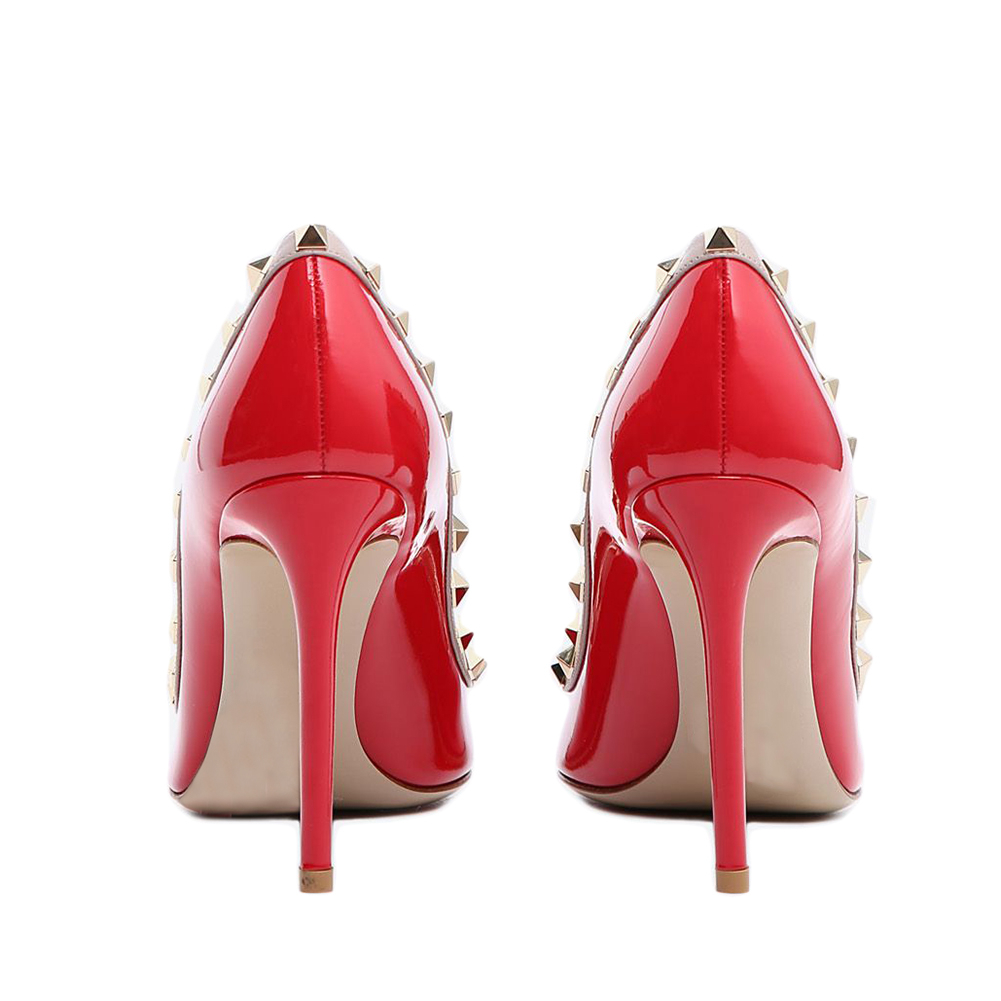 100mm Women's Sexy Pointy Toe Studs Stilettos High Heels Rivets Shoes Red Patent-vocosishoes