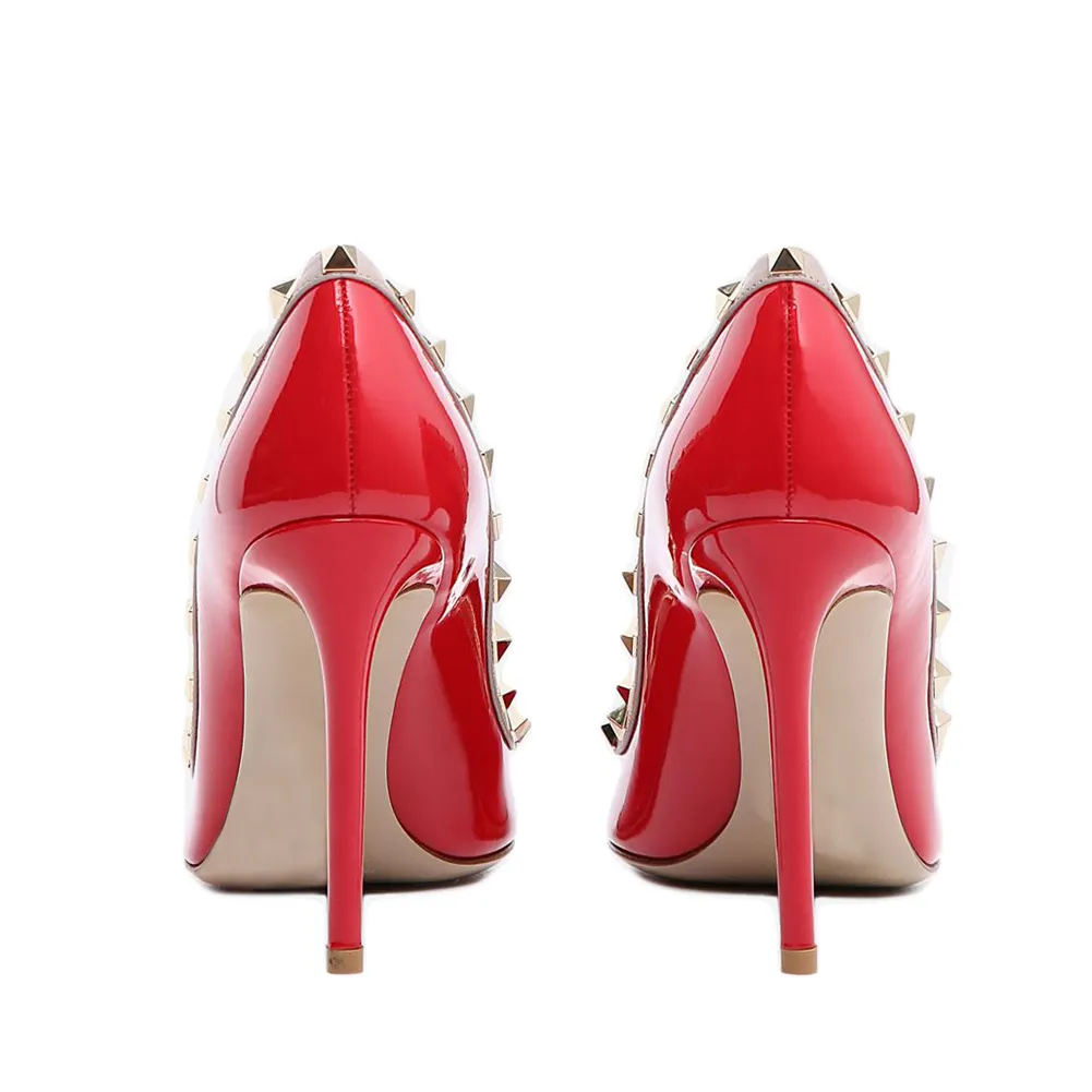 100mm Women's Sexy Pointy Toe Studs Stilettos High Heels Rivets Shoes Red Patent-vocosishoes