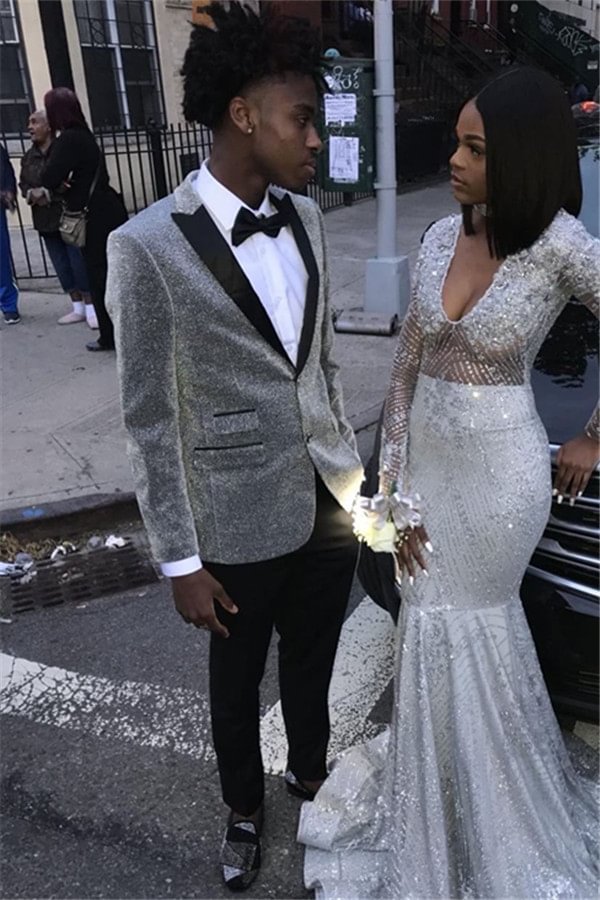 Peaked Lapel Two Pieces Prince Suit For Groom Glitter Silver With Sequins | Ballbellas Ballbellas