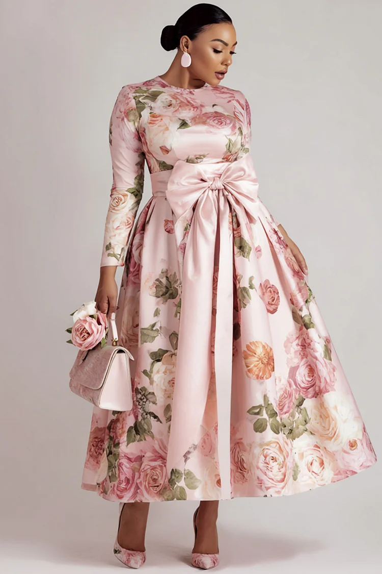 Xpluswear Design Plus Size Wedding Guest Pink Floral Round Neck Long Sleeve Wrap Elegant Bow Tie Satin Maxi Dresses