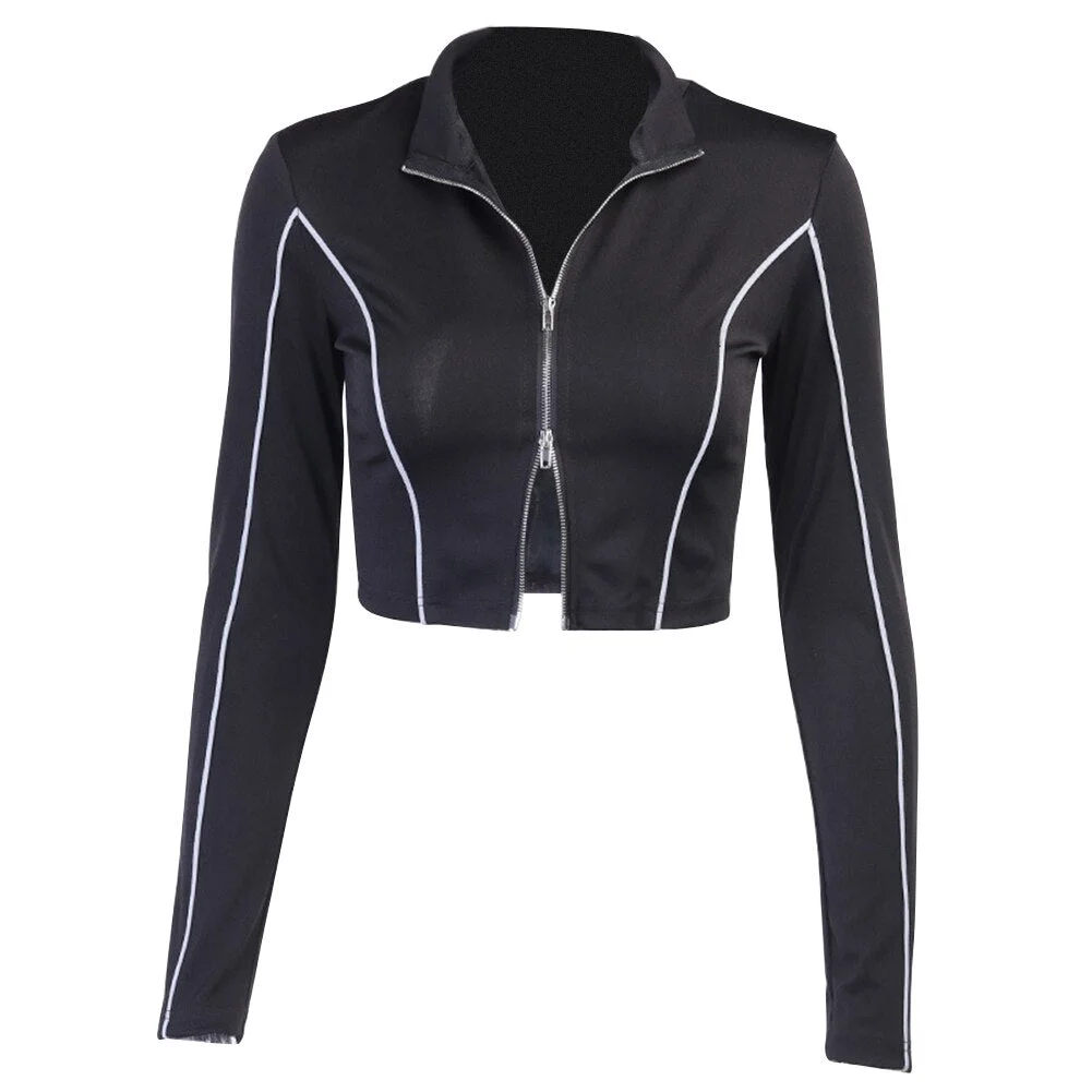 Sexy Gothic Tops Women Clothing Sexy Crop Tops Reflective Double Zipper Long Sleeve Black Thin Coat Fashion Jacket Sport Shirts