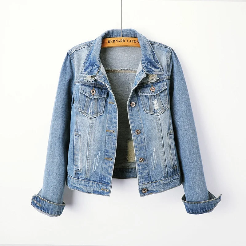 Denim jacket women's short slim Korean version of the new slim student long-sleeved denim jacket with holes in large size