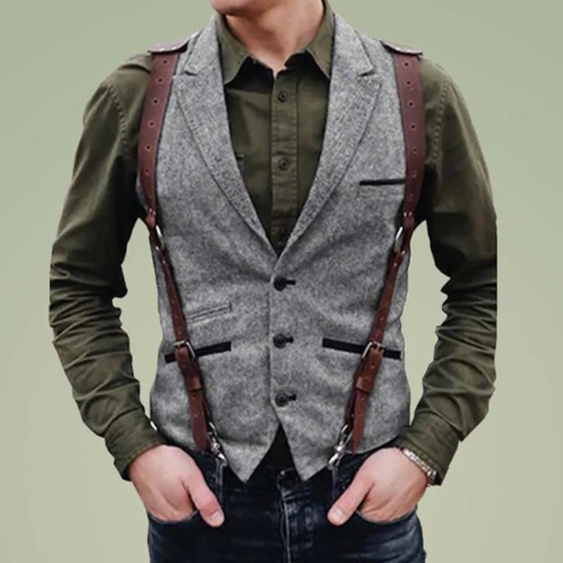 Men's Vintage Lapel Single-Breasted Multi-pocket Herringbone Vest