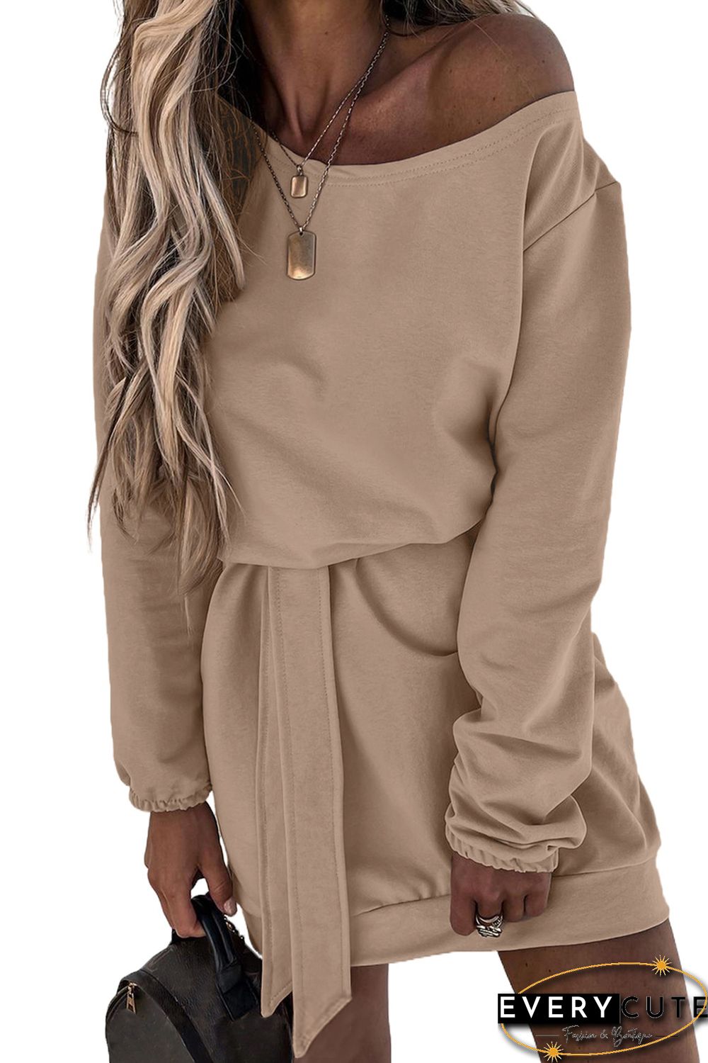 Khaki Crewneck Long Sleeve Belted Casual Mini Dress