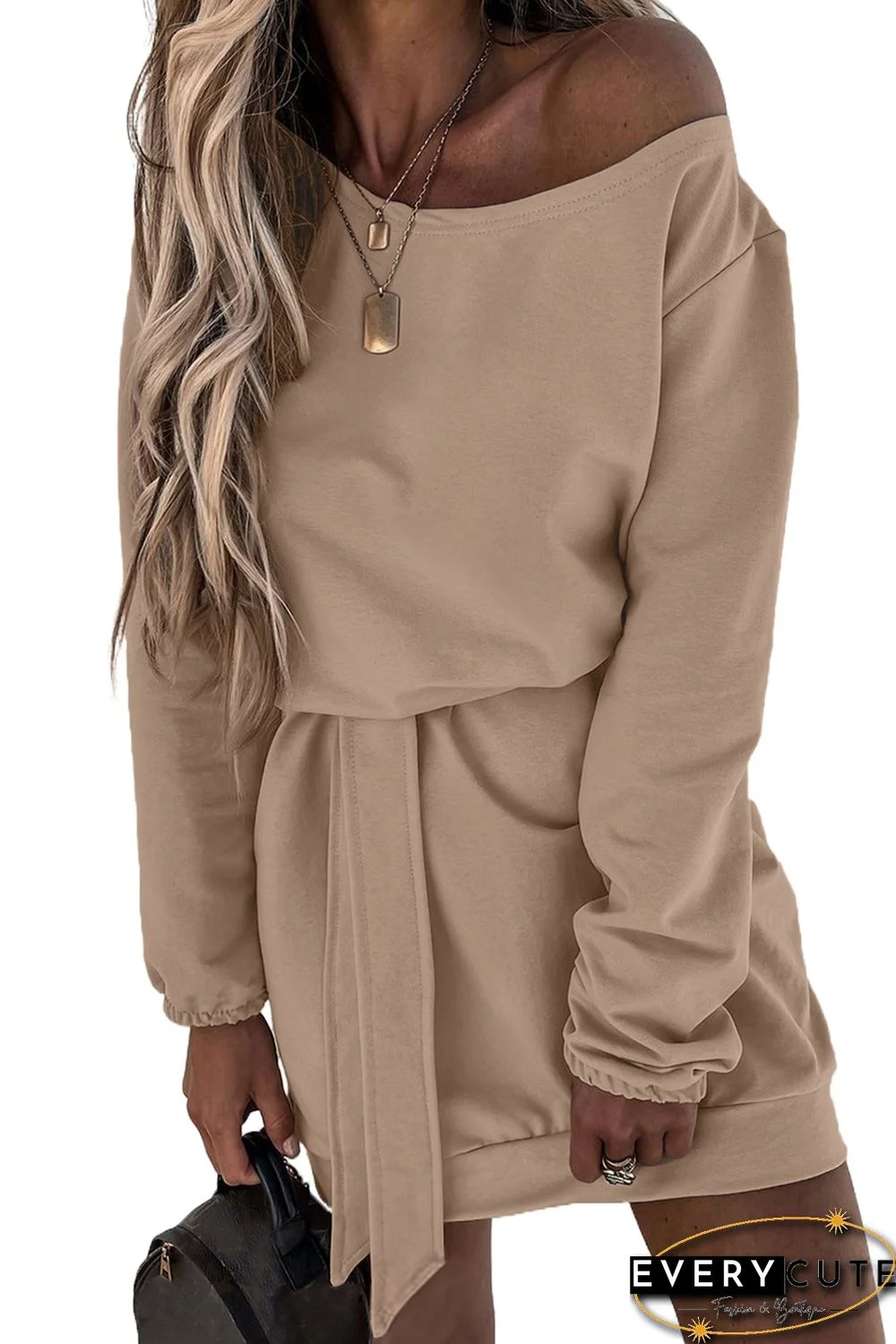 Khaki Crewneck Long Sleeve Belted Casual Mini Dress