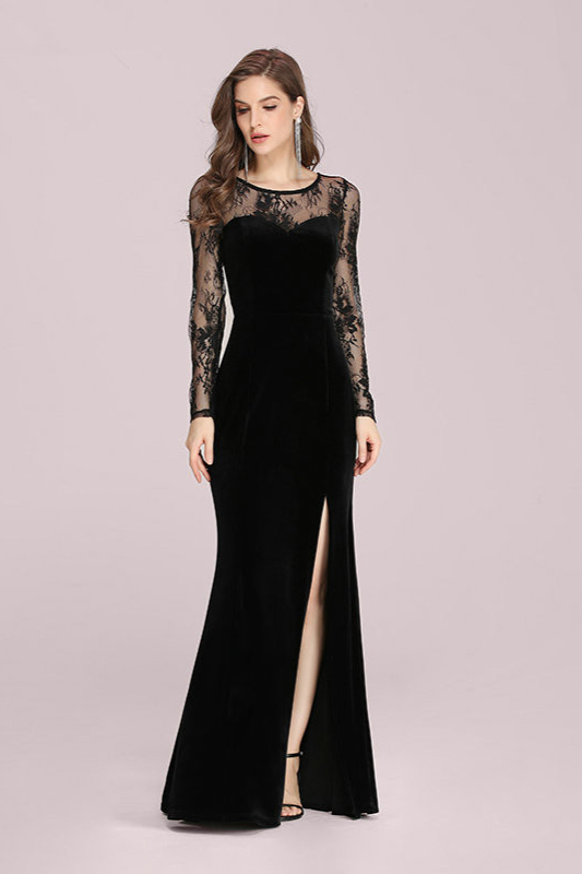 Black Long Sleeves Lace Evening Prom Dress With Slit - lulusllly