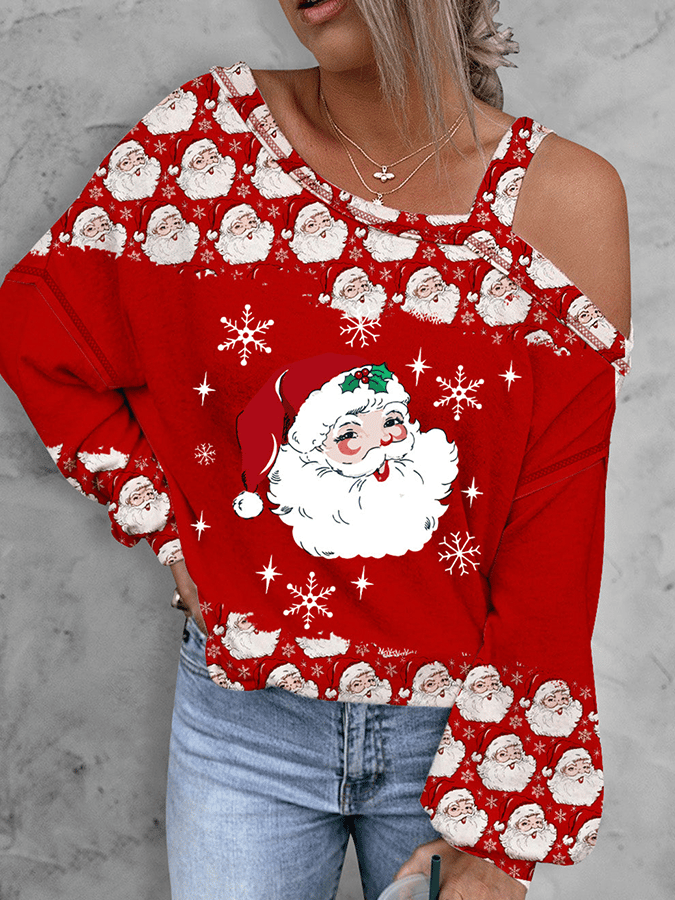 Women's Santa Snowflake Print Off-Shoulder Top
