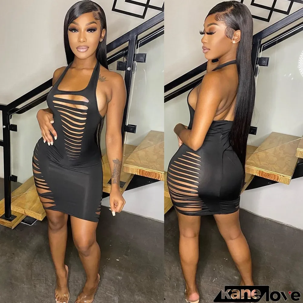 Women's Sexy Solid Color Halter Neck Cutout Dress Women