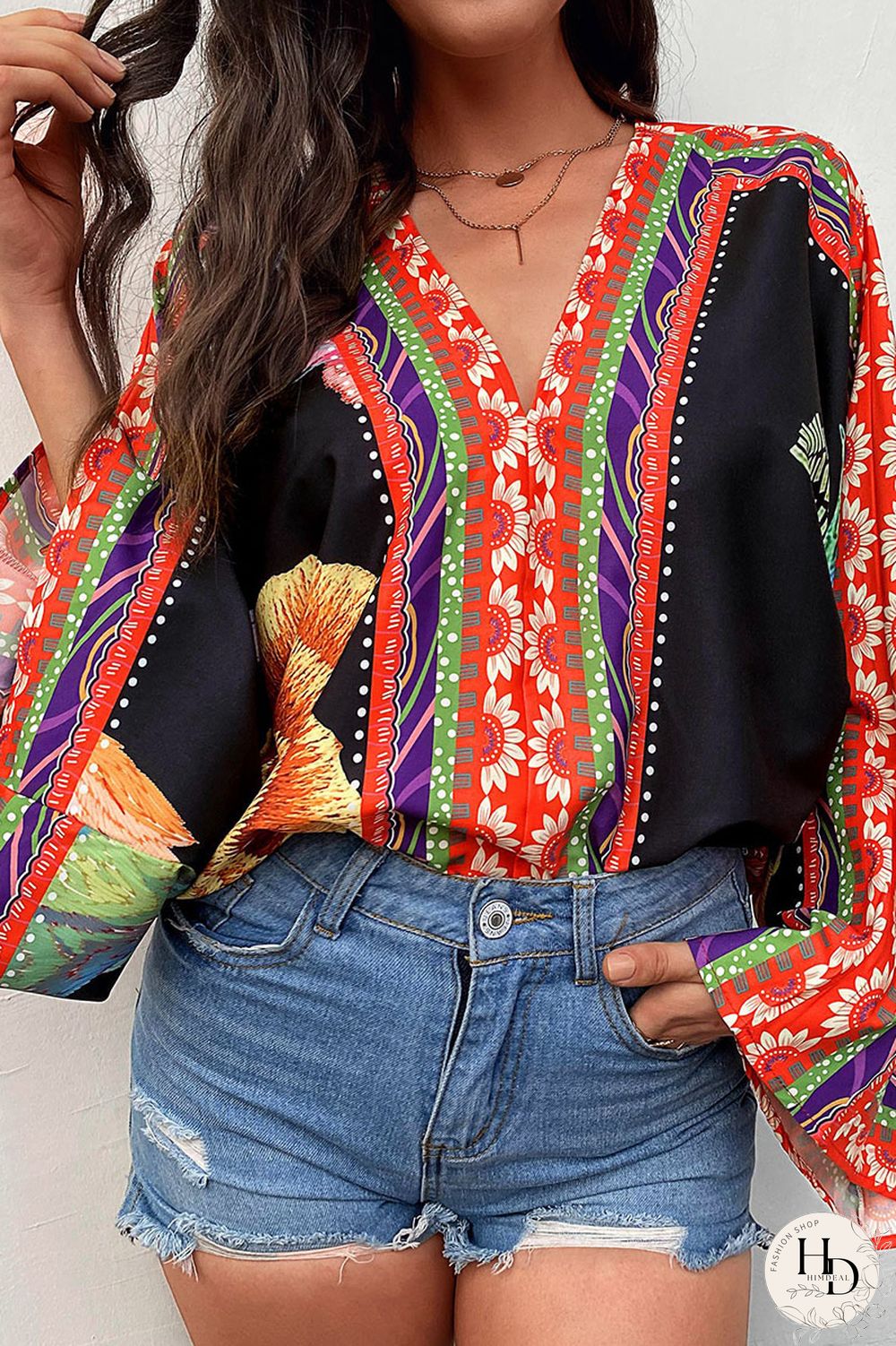 White Fashion Casual Print Split Joint V Neck Tops