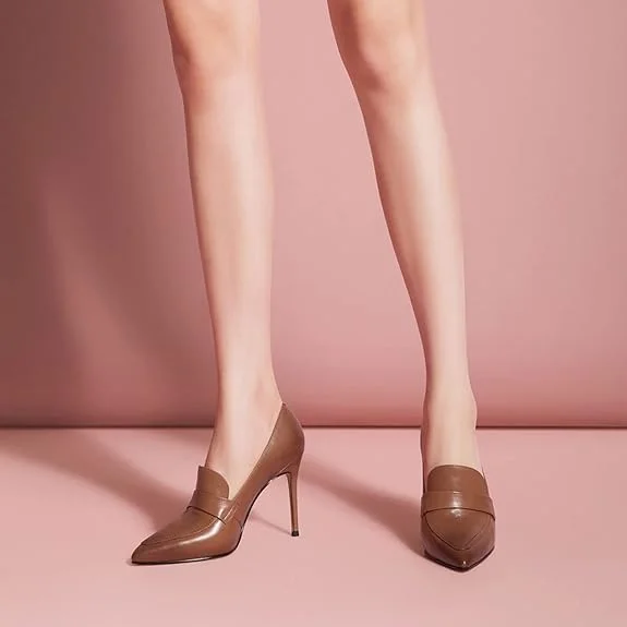 Brown Vegan Leather Pointed Toe Elegant Pumps with Stiletto Heels