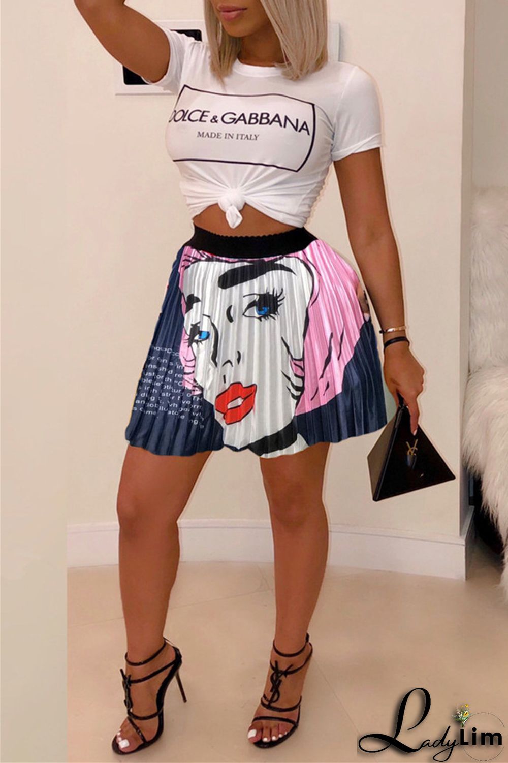 Pink Fashion Casual Print Patchwork Regular High Waist Pleated Skirt