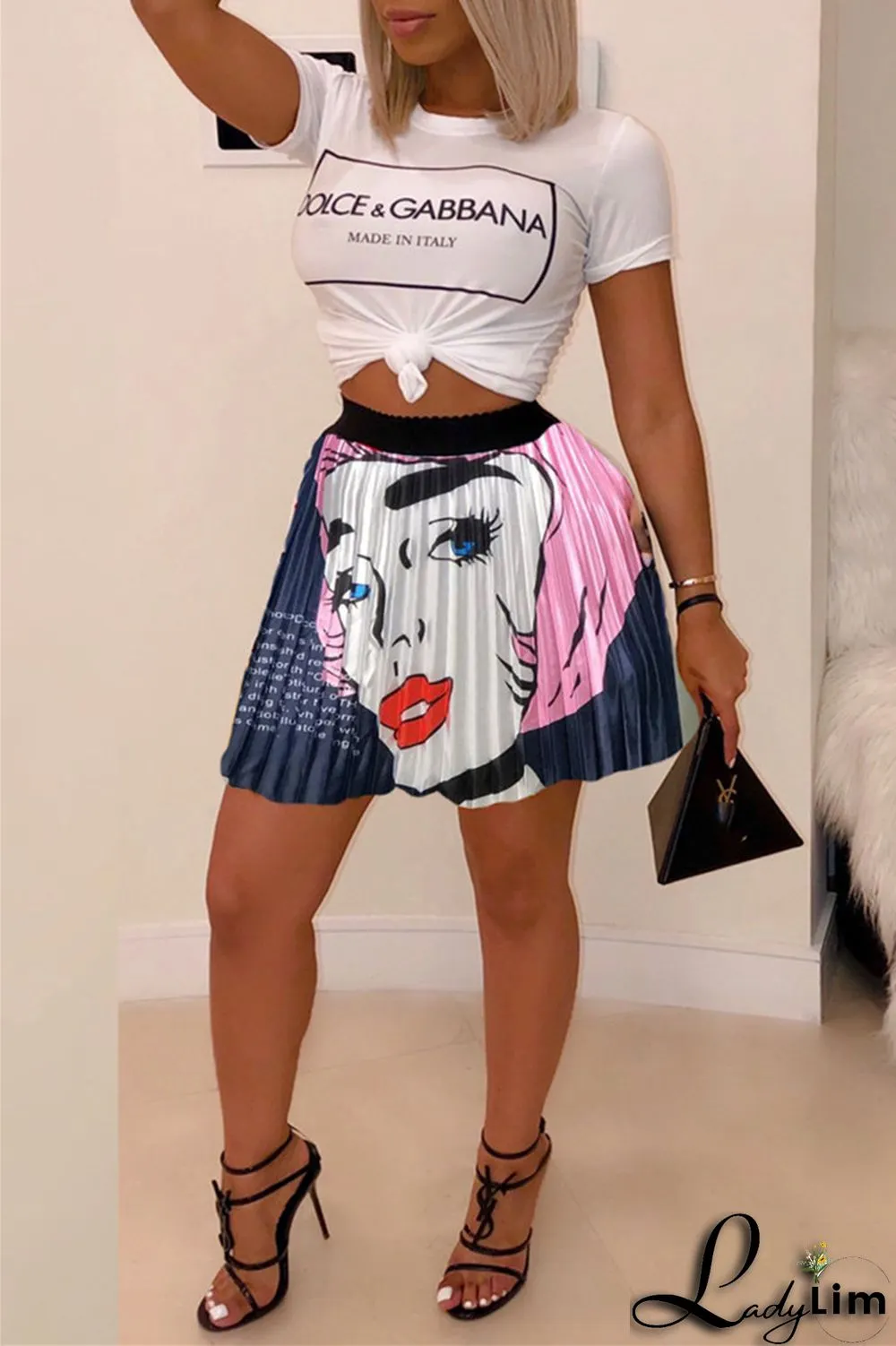 Pink Fashion Casual Print Patchwork Regular High Waist Pleated Skirt