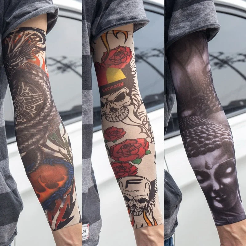 3PCS/lot new mixed 100%Nylon elastic Fake temporary tattoo sleeve skull wolf totem dragon designs body Arm stockings cool men