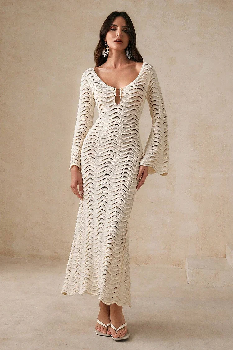 Wavy Textured Knit Flare Sleeve Fishtail Maxi Dresses-Beige