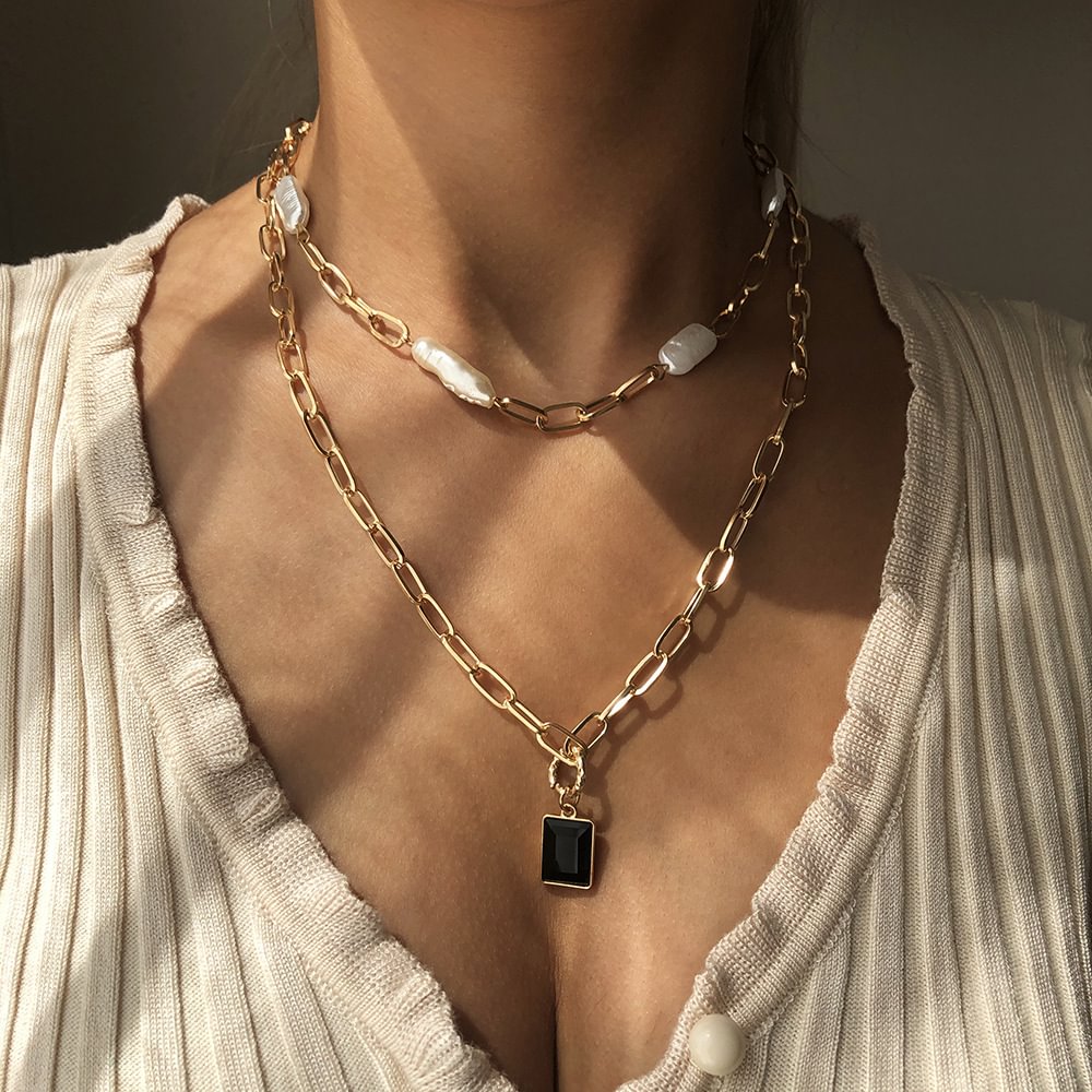 Bamboo Link Pearl Necklace Set