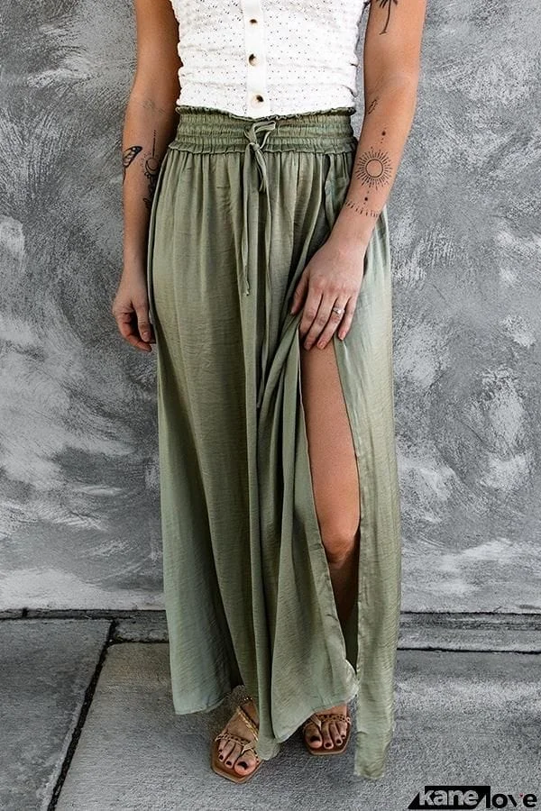 Adjustable Drawstring Waist Silky Maxi Skirt