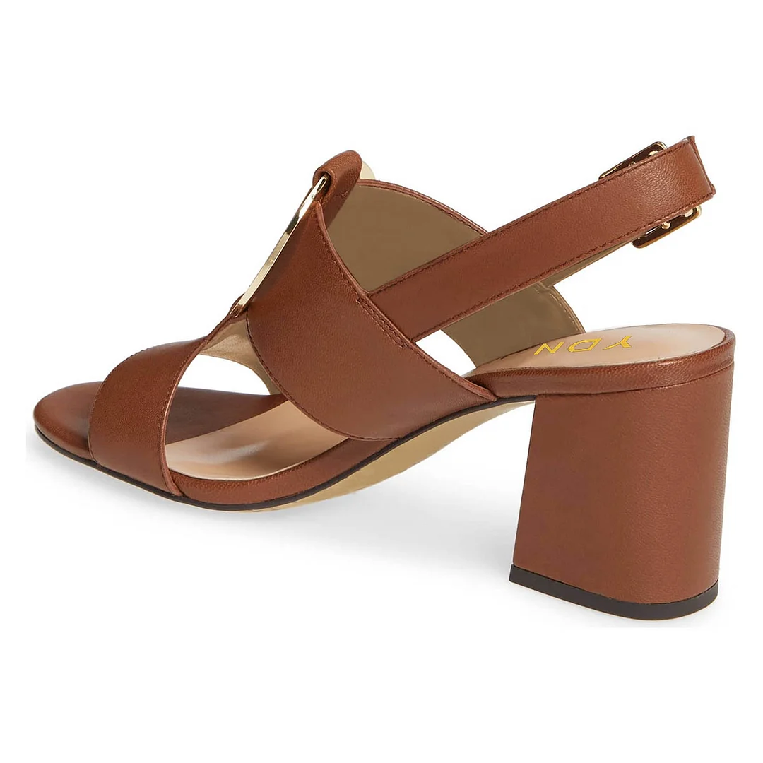 Women's Brown Vegan Leather Open Toe Buckle Block Heel Sandals