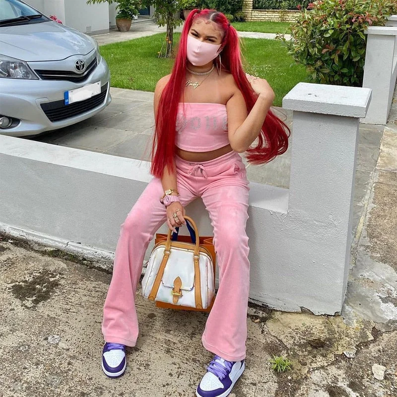 Weird Puss Velvet Summer Women Tracksuit Rhinestone Letter Strapless Top+Straight Pants Stretch Matching Trend 2piece Set Outfit