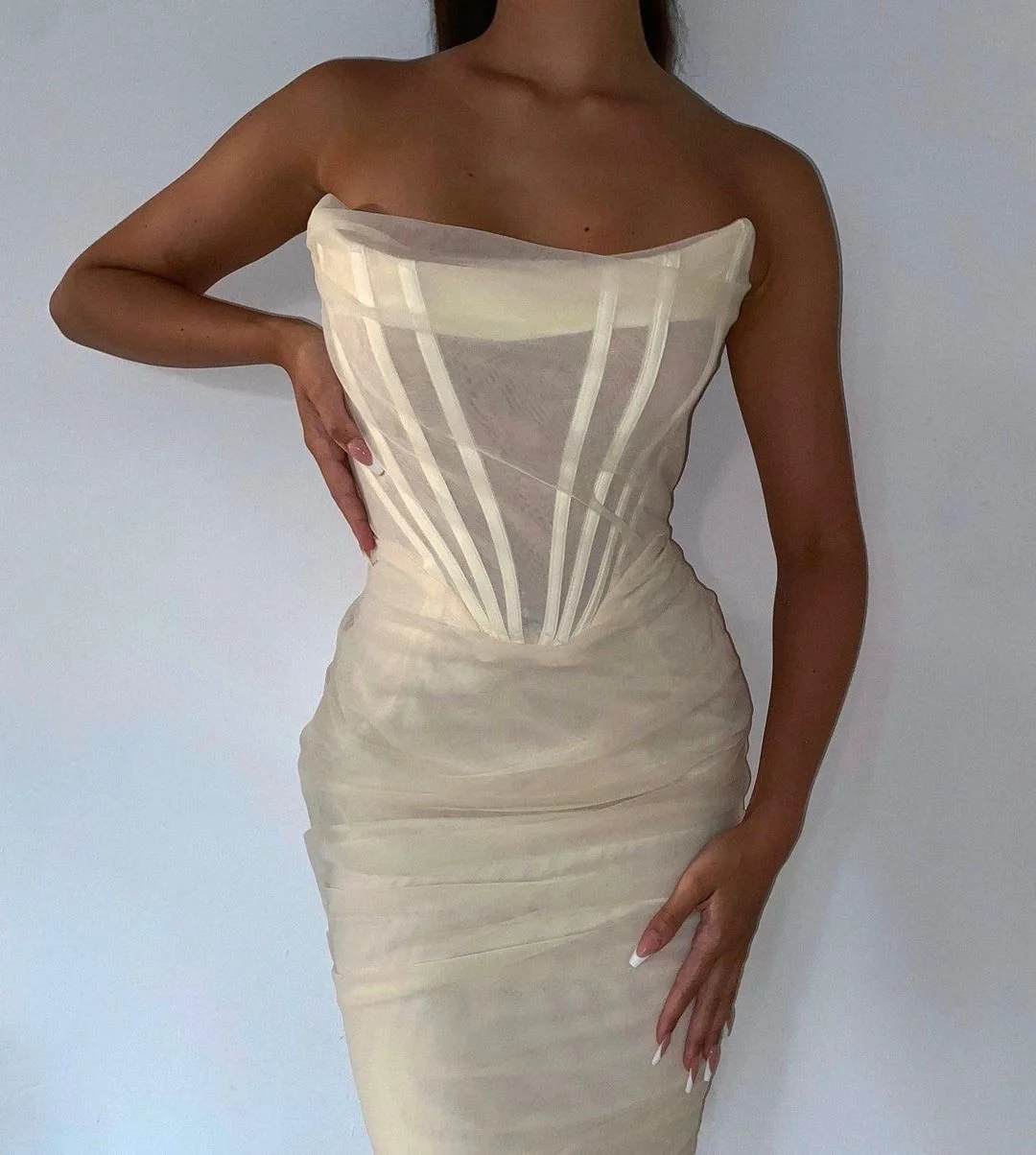 Mesh Double Layers  Boned Corset Dress Women Strapless Boning Backless Summer Dress Party Bodycon Dresses Ruched
