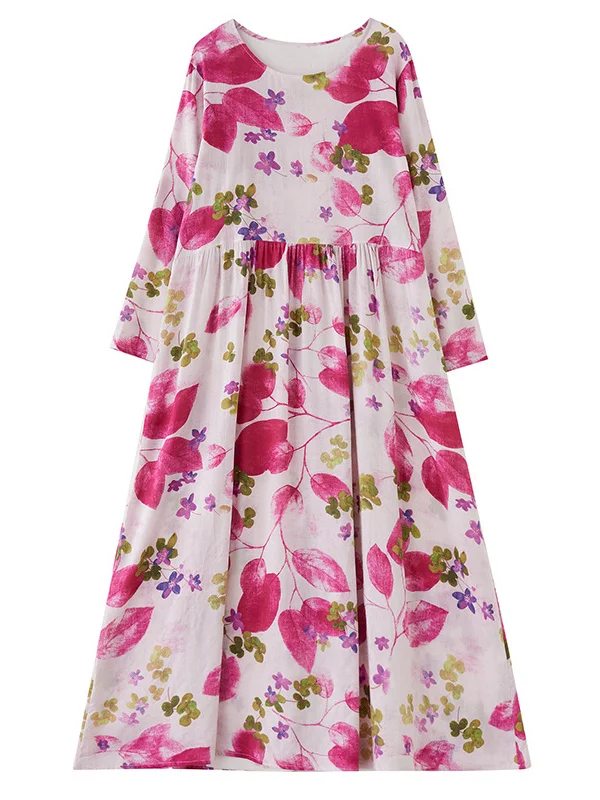 Long Sleeves Loose Flower Print Split-Joint Round-Neck Midi Dresses