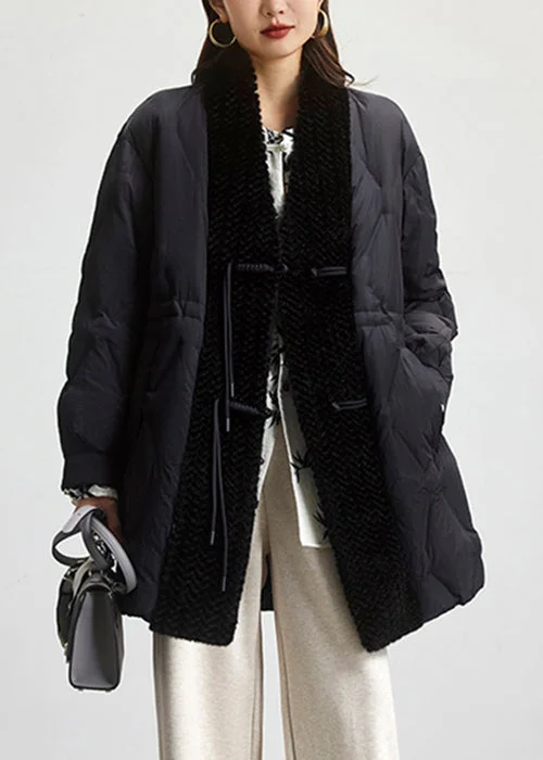 Loose Black Button Pockets Patchwork Duck Down Coats Spring