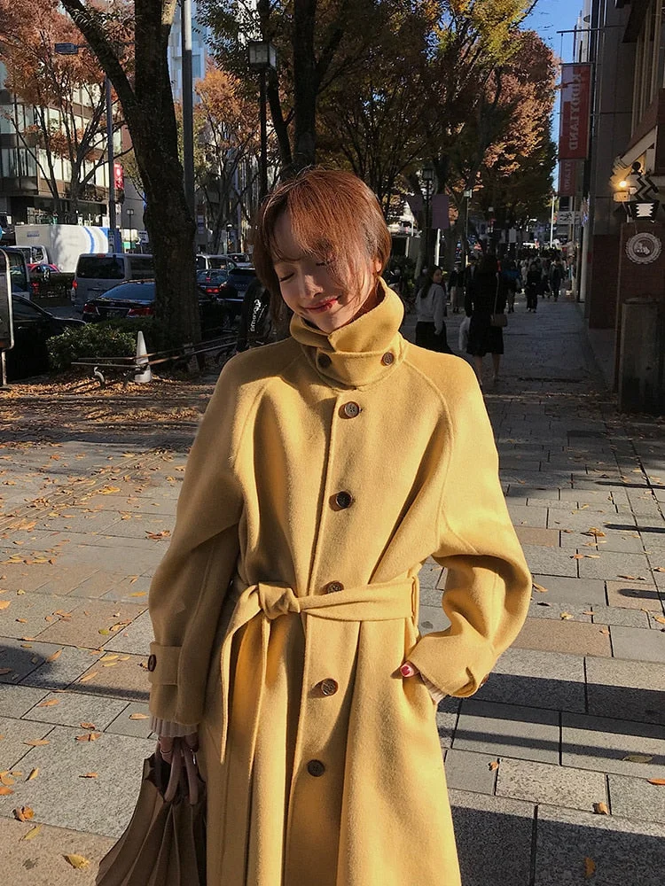 Office Lady Woolen Coat Women's Long 2021 Fashion Popular Autumn And Winter New Hepburn Style Stand Collar Korean Woolen Coat