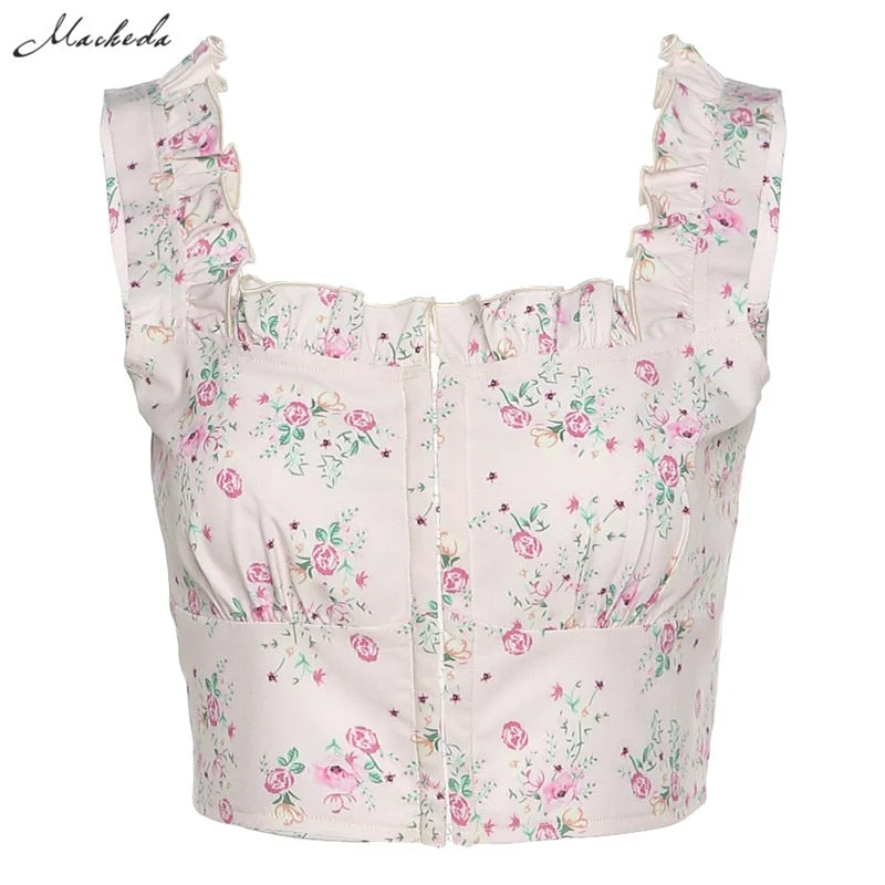 Macheda Summer Flower print Vest Women Fashion Sleeveless Strapless Ruffles Crop Tops Ladies Street Casual Tanks Camisole 2020