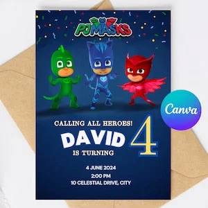 pornhint Pornhint Editable PJ Masks Superhero Invitation, Boy Birthday Invite, Canva Template for Digital Download