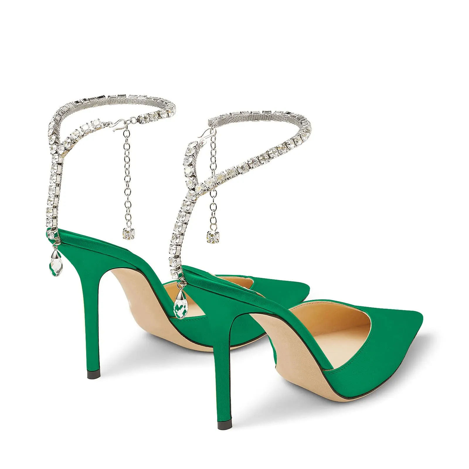 100mm Women's Sandals Crystal Chain Ankle Straps Rhinestones Buckle Heels Stiletto Satin Dress Shoes-vocosishoes